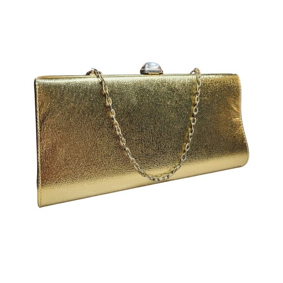 Vintage 60s Leather Gold Clutch Purse Handbag Metallic Chain Handle Envelope MCM - Picture 11 of 16